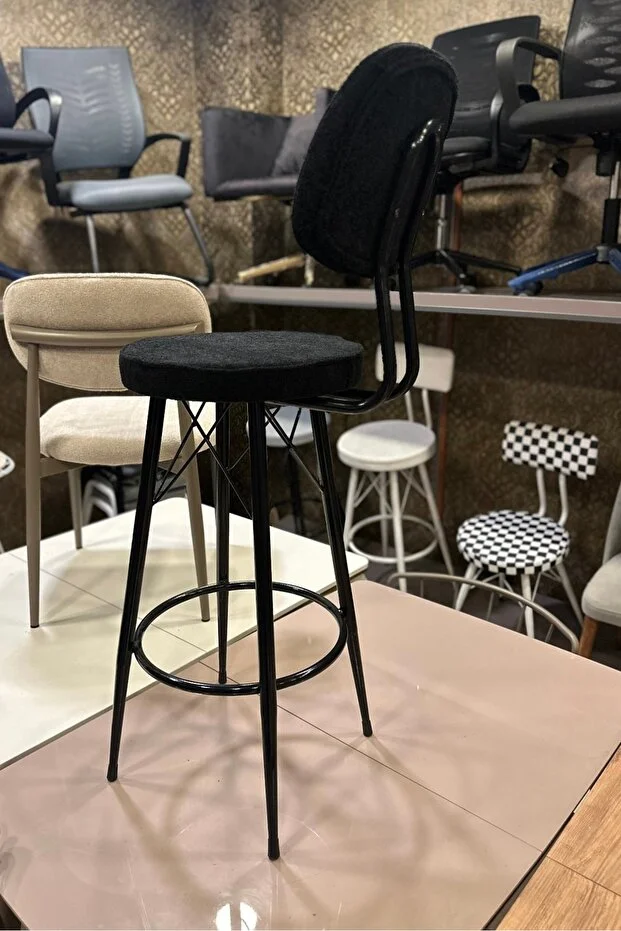 Yeni Teddy Kumaş Dolce Bar Sandalyesi Siyah.65 Cm Oturum Yüksekliği